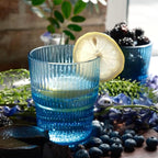 Blue Ribbed Glass Set of 4 14oz Highball Glass Stackable Vintage Durable for Water, Seltzer, Sparkling, Elegant Everyday Glassware