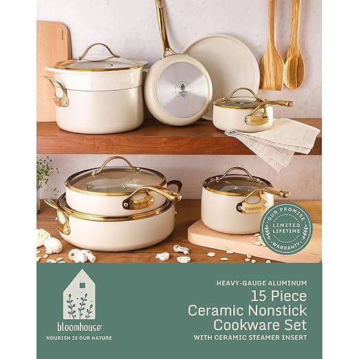 bloomhouse - Two Time Oprah's Favorite Things Winner - 15 Piece Pots and Pans Heavy Duty Aluminum Premium PFA Free Ceramic Nonstick Cookware Set - Almond Cream w/Gold Handle