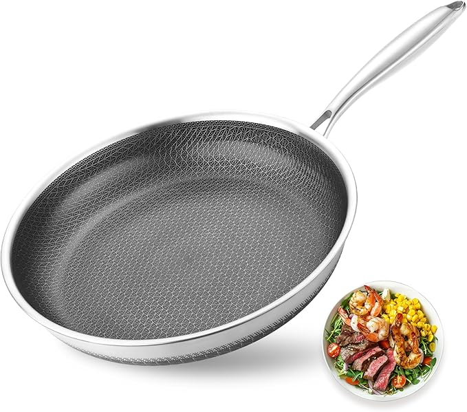 Nonstick Frying Pans, 12 inch Stainless Steel Frying Pan Non Stick with Honeycomb for Kitchen and Camping - Dishwasher and Oven Safe Skillet, Induction Gas Ceramic Cookware.