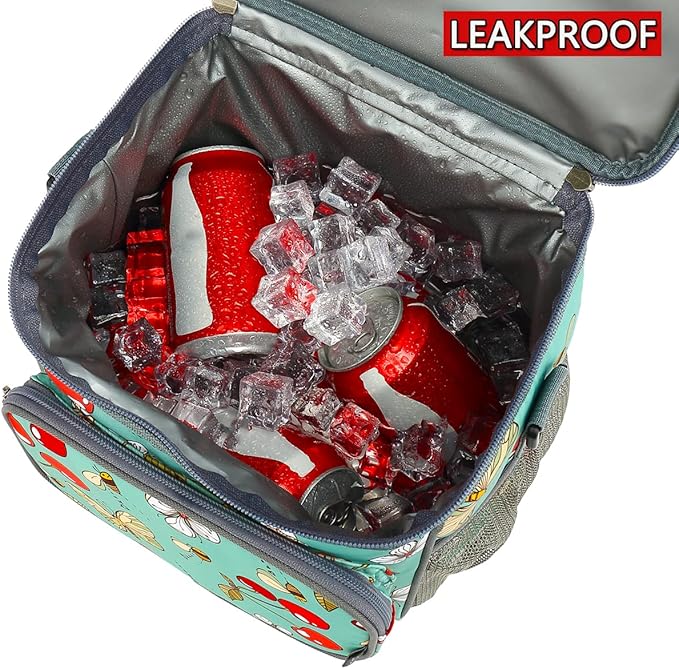 FlowFly Insulated Reusable Lunch Bag Adult Large Lunch Box for Women and Men with Adjustable Shoulder Strap,Front Zipper Pocket and Dual Large Mesh Side Pockets,Cherry