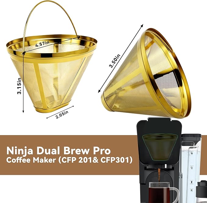 Reusable Coffee Filter No.4 Cone Coffee Maker Filters 2 Pack, Stainless Steel Replacement Permanent Basket Filter for Ninja Coffee Bar Brewer Ninja CFP 201-301 Dual Brew Ninja Coffee Makers