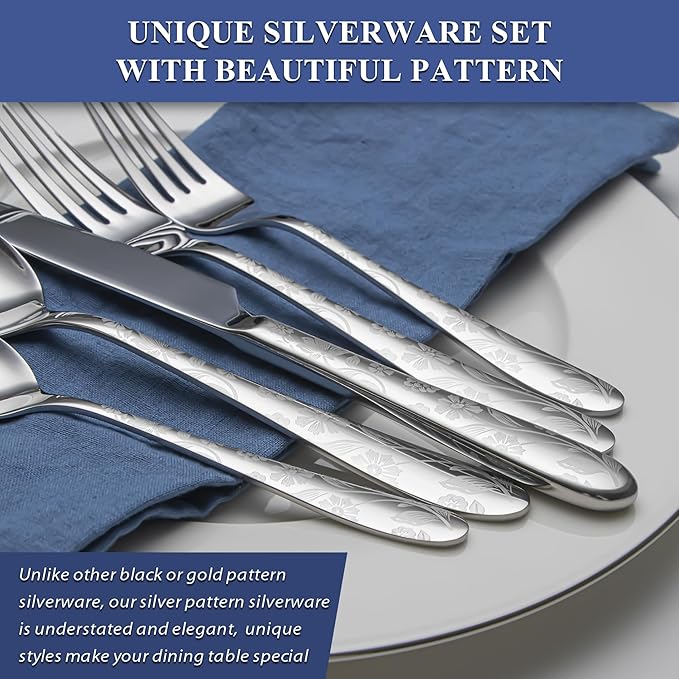 40 Piece Silverware Set Service for 8, EIUBUIE Premium Stainless Steel Cutlery Set, Mirror Polished Flatware Sets with Pattern Handle, Modern Kitchen Eating Utensils Sets Include Spoons Forks Knives