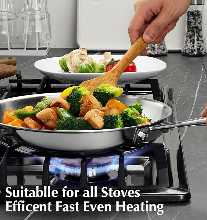 KOCH SYSTEME CS Stainless Steel Pan Set of 3, 8"&10"&12" Tri-Ply Stainless Steel Frying Pan Set with Stay-Cool Handle, Non-Toxic Staninless Steel Skillet, Fast & Even Heat Induction Compatible