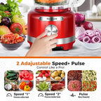 Homtone 16 Cup Food Processor Large, 9 Functions 7 Blades 3 Speeds for Shredding, Slicing, Making French Fries, Chopping Meat, Kneading Dough & Emulsifying, 600W, Red