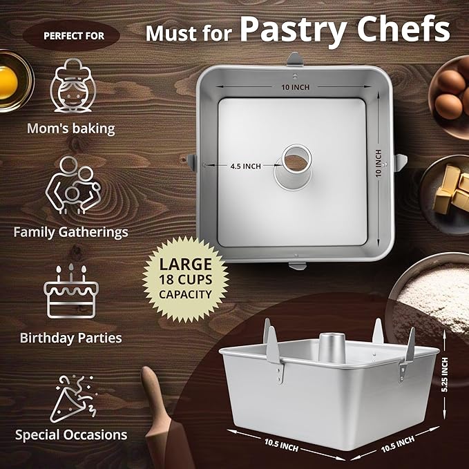 Square Tube Cake Pan 18 Cups - 2-Pcs Set Angel Food Cake Pan with Removable Bottom – Non-Stick Aluminum Pans for Baking Pound, Chiffon Cakes – 10-inch Angel Mold with Cooling Feet