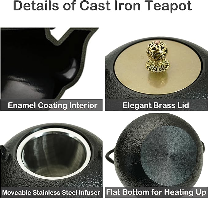 40.6oz Cast Iron Teapot for Stovetop, Japanese Tetsubin with Enamel, Black Tea Pot with Stainless Steel Infuser for Loose Tea, 1200ml Small Tea Kettle(Spherical Shape)