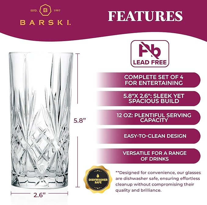 Barski Highball Glass - Drinking Glasses - Set of 4 - Hiball Tumblers - Glass Crystal Tumbler - for Water, Juice, Beer, Mixed Cocktails, Mojito Glass, Tom Collins Bar Glassware, 12 oz, Made in Europe