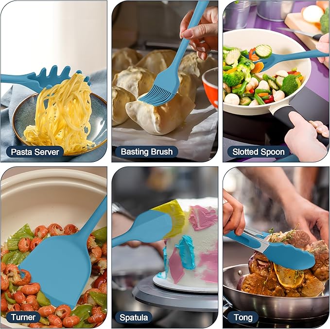 E-far Silicone Cooking Utensils Set, 25 Piece Kitchen Utensils with Holder, Non Toxic Kitchen Tools Spatula, Turner, Spoon, Ladle for Nonstick Cookware, Heat Resistant & Dishwasher Safe - Blue