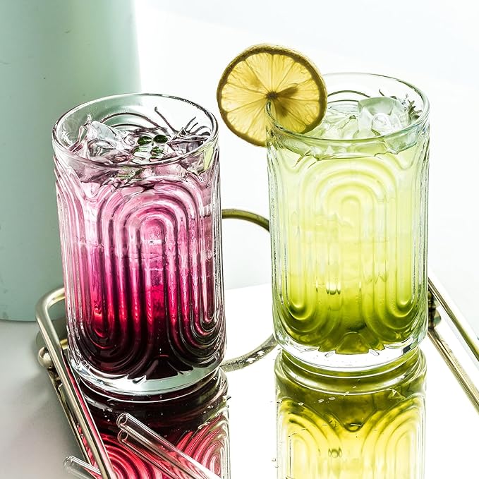 INSETLAN Set of 12 Vintage Glassware - 14 oz Water Drinking Glasses, Art Deco Ripple Glass Cup, Cocktail Glasses, for Bar Beverages, Iced Coffee, Juice, Housewarming Presents, New House Essentials