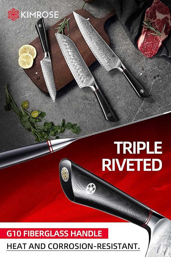 KIMROSE Damascus Knife Set - 3PCS - High-Carbon 10Cr15CoMoV Alloy Steel - Professional Chef Knife - G10 Handle - Razor Sharp Kitchen Knives - Magnetic Sheath - Gift Box