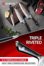 KIMROSE Damascus Knife Set - 3PCS - High-Carbon 10Cr15CoMoV Alloy Steel - Professional Chef Knife - G10 Handle - Razor Sharp Kitchen Knives - Magnetic Sheath - Gift Box