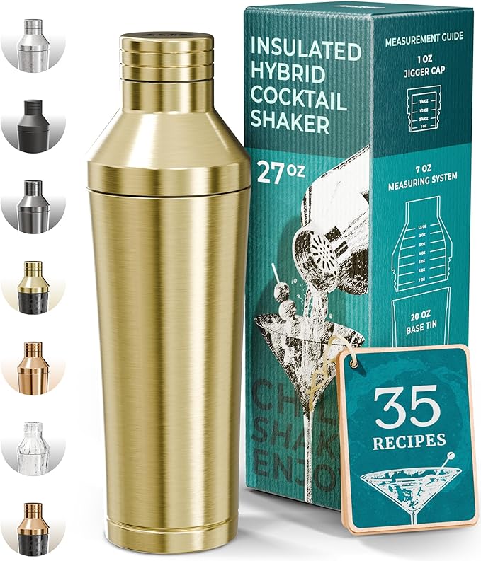 Insulated Cocktail Shaker Set | Double Wall Stainless Steel | Martini Shaker for Home Bar Bartending | Built-in Drink Measurement System & Strainer, Travel Bag, 35 Recipes | Gift Set (Gold)