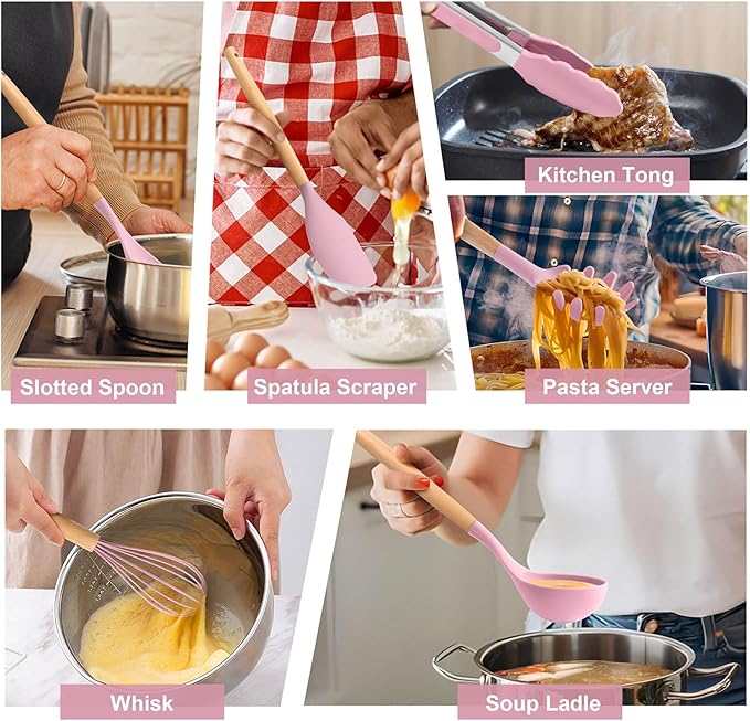 Silicone Kitchen Utensils Set, LIANYU 15-Piece Heat Resistant Cooking Utensils with Holder, Cooking Kitchen Gadgets Tools for Nonstick Cookware, Wooden Handle, Pink