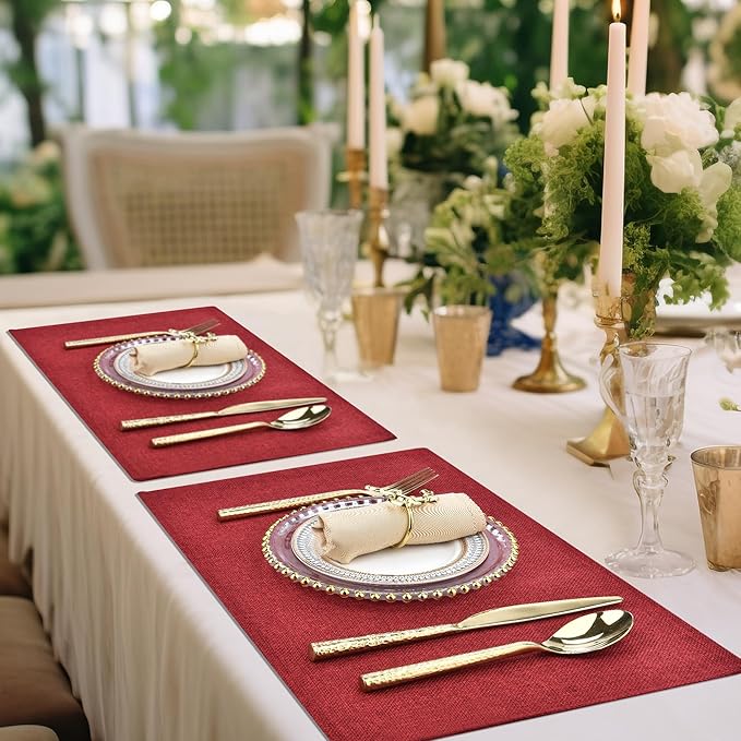 Red Christmas Placemats Set of 8 - Festive Easy to Clean Linen-Style Fabric Table Mats - Machine Washable & Heat Resistant Non-Slip Design for Thanksgiving and Holiday Dining (Wine Red, 8)