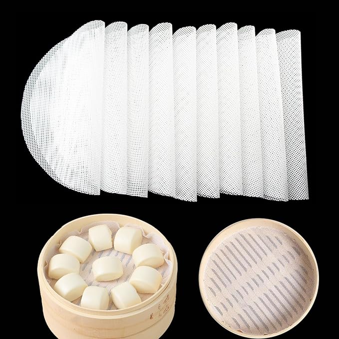 10Pcs 10 inch Silicone Steamer Liners, Non-stick Bamboo Steamer Liner Mesh Mat, Reusable Round Silicone Liners Pad for Home Kitchen Cooking Dim Sum dumpling