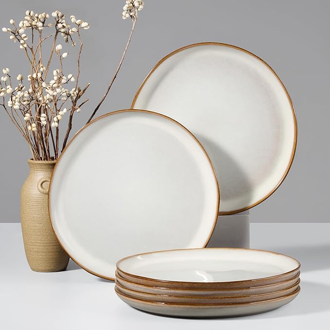 HaWare Stoneware Dinner Plates Set of 6, 10" Heavy Duty Ceramic Plates, Reactive Glaze Dinnerware for Home Restaurant, Chip and Scratch Resistant, Microwave and Dishwasher Safe, Reactive Pearl White