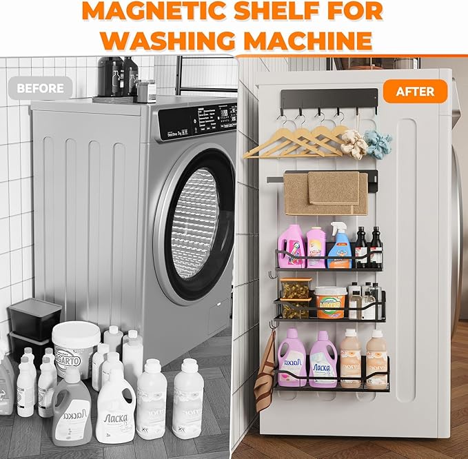 5 Pack Multifunctional Magnetic Shelves for Refrigerator Spice Rack & Washing Machine Organize, Include Paper Towel Holder, Kitchen Utensil Hanger and Hooks, Strong Magnet for Secure Hold (Black)