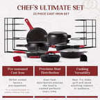 Cuisinel Cast Iron 23-Pc Cookware Set - 8" Skillet + Cast Iron Lid + 12"+Lid + 10" Braiser with Lid + Grill Pan + Lid + Griddle + 5-Qt Dutch Oven + Multi-Cooker + 12"+15" Pan Rack + Scraper + Handles