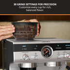 KRUPS Precision Espresso Coffee Machine with Grinder, Latte & Cappuccino Maker, Pump Pressure + Milk Frother Steam Wand, Adjustable Grind Settings for Barista-Quality Results, Stainless Steel & Black