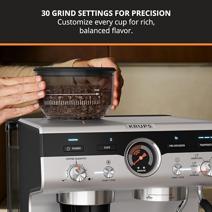 KRUPS Precision Espresso Coffee Machine with Grinder, Latte & Cappuccino Maker, Pump Pressure + Milk Frother Steam Wand, Adjustable Grind Settings for Barista-Quality Results, Stainless Steel & Black