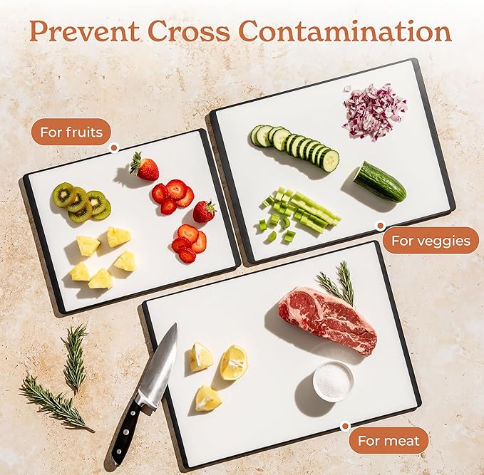 SMIRLY Plastic Cutting Board Set with Holder 4 Pieces, Non-Slip Dishwasher Safe Chopping Boards for Kitchen, Black & White