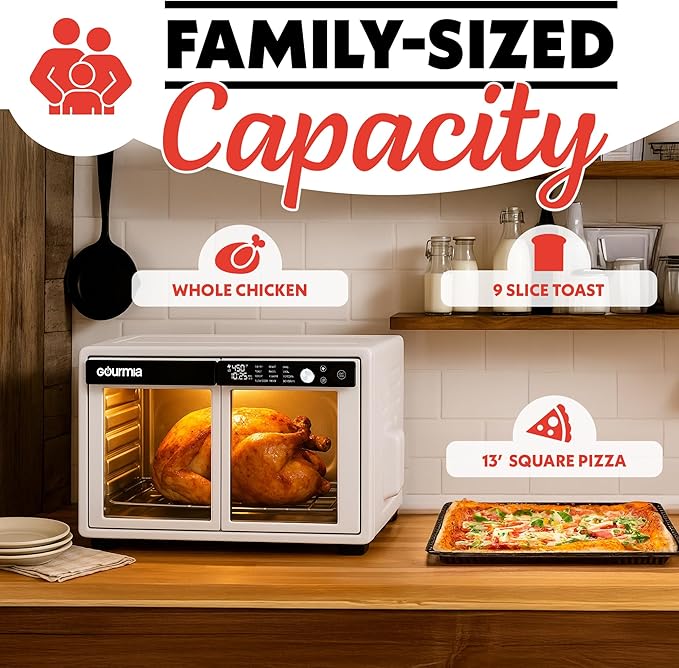 Gourmia French Door Digital Air Fryer Oven - 25-Quart XL Capacity, 12 Presets, Touchscreen, FryForce 360° Tech, Dehydrate, Proof, Slow Cook, Fits 13” Pizza, 1700W, White