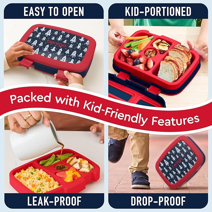 Bentgo Kids Prints Leak-Proof, 5-Compartment Bento-Style Kids Lunch Box - Ideal Portion Sizes for Ages 3-7, Durable, Drop-Proof, Dishwasher Safe, & PFAS & BPA-Free Materials (Rocket)