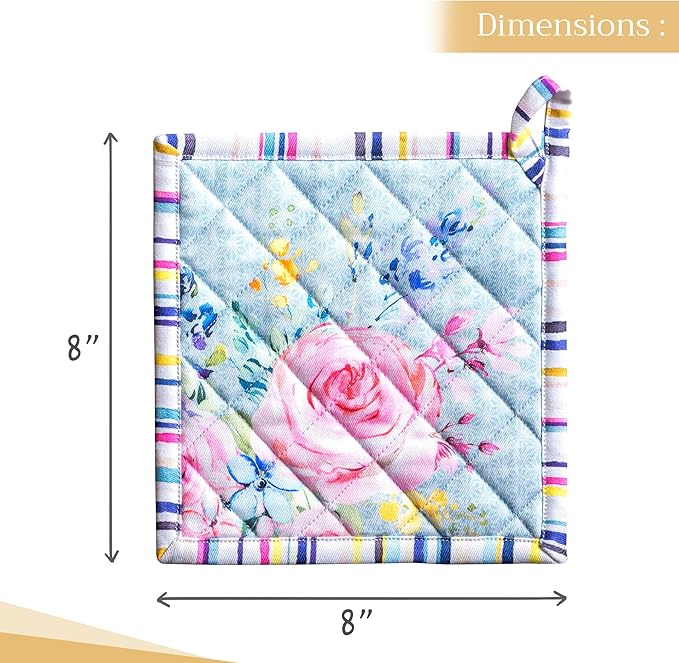 Maison d' Hermine Pot Holders Set 100% Cotton Heat Resistant Potholders 8" x 8" Hot Pads with Loop Cooking, Grilling, Kitchen, Handling Hot Pans Spring/Summer (Pack of 2, Sweet Rose Lavender - Lush)