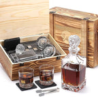 Whiskey Decanter Set with Wooden Box Artistic 25.4 oz Decanter + 2x10 oz Glasses | 304 Stainless Steel Whiskey Stones, Slate Coasters, Tongs & Pouch | Gift for Men, Husband, Dad, Weddings