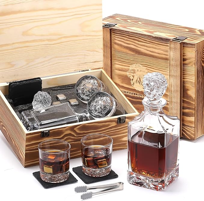 Whiskey Decanter Set with Wooden Box Artistic 25.4 oz Decanter + 2x10 oz Glasses | 304 Stainless Steel Whiskey Stones, Slate Coasters, Tongs & Pouch | Gift for Men, Husband, Dad, Weddings