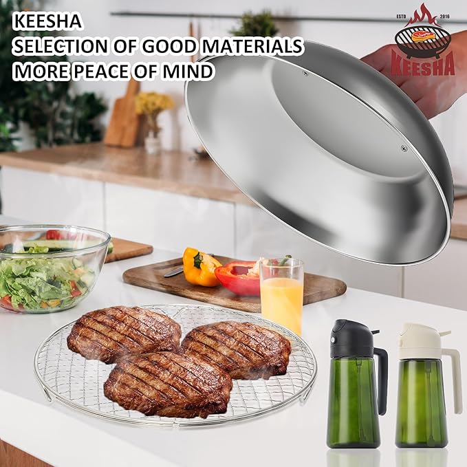 Cooling Racks Set with 2 x Dish Racks, 1 x 12" Basting Cover Dome and 2 x Oil Bottle, Premium 304 Stainless Steel Steamer & Canning Rack for Cooking and Baking