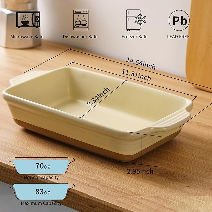 Casserole Dishes for Oven Microwave, Porcelain Baking Dishes with Handles, Rectangular Deep Lasagna Pans, Premium Ceramic Bakeware, Yellow 2.9 Qt (8.46"x14.56") Housewarming Gift