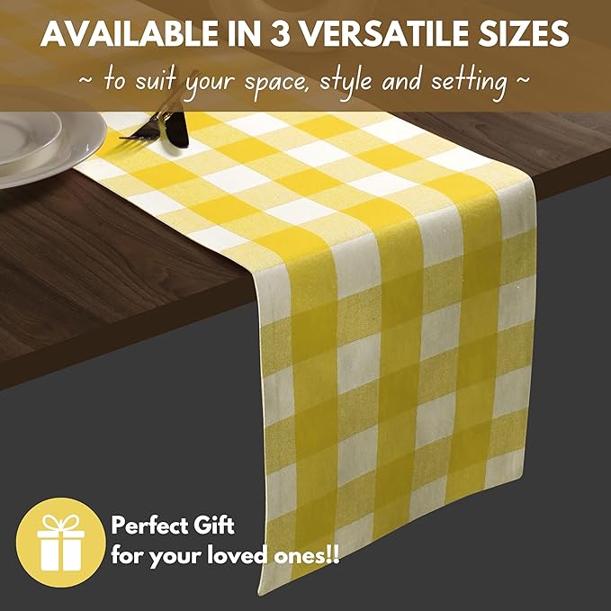 Native Fab Table Runner Buffalo Check Plaid 100% Cotton - 13x90 Inches Kitchen Dining Table Decoration for Indoor Farmhouse Home Decor - Lemon Yellow and White
