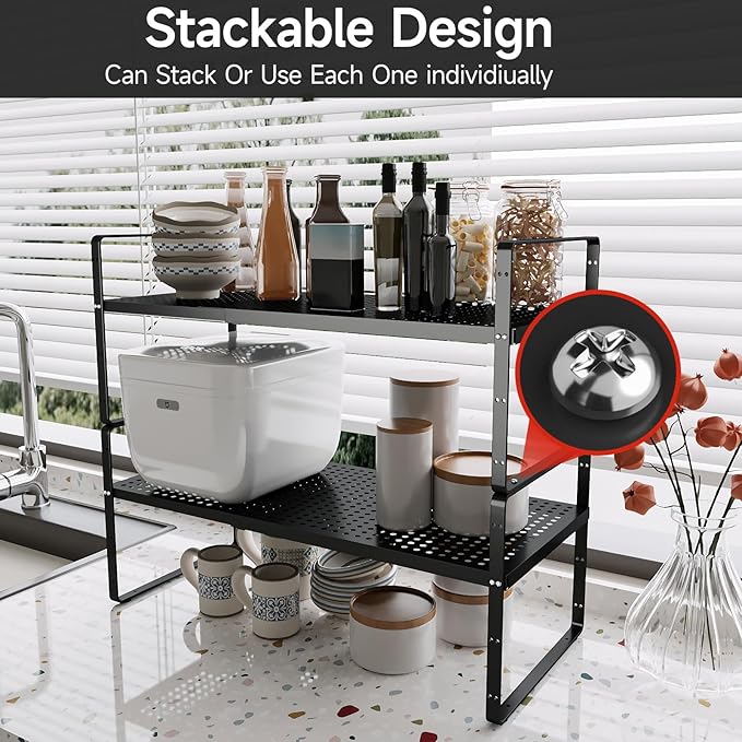 Expandable Cabinet Countertop Shelves 16.5-27’’L, Adjustable Metal Spice Rack Organizer, Stackable Kitchen Counter Storage Shelves Organizers for Cabinet Organization, Black