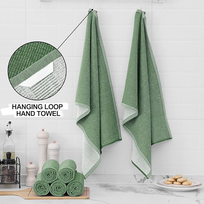 Homaxy Premium Kitchen Towels(18”x 28”, 8 Pack), Large Cotton Kitchen Hand Towels, Flat and Terry Dish Towels, 380 GSM Highly Absorbent Tea Towel Set with Hanging Loop, Grass Green