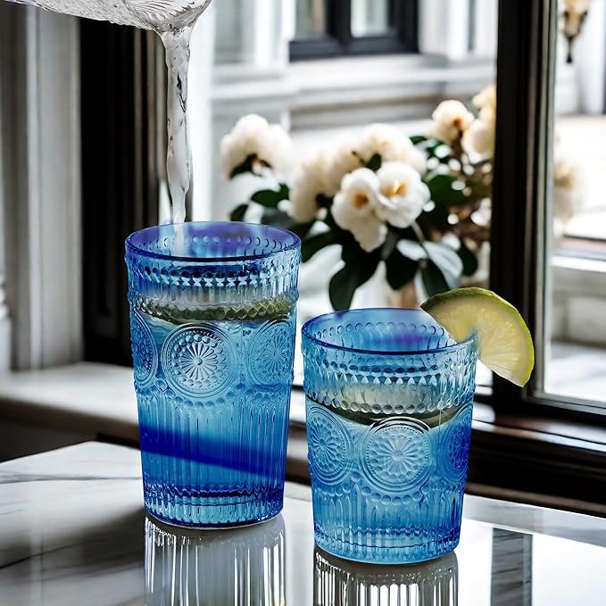 12pcs Vintage Drinking Glasses Set, 12 oz Highball Glasses & 9 oz Embossed Ribbed Glassware Cups for Cocktail, Water, Juice, Coffee, Whiskey (Blue)