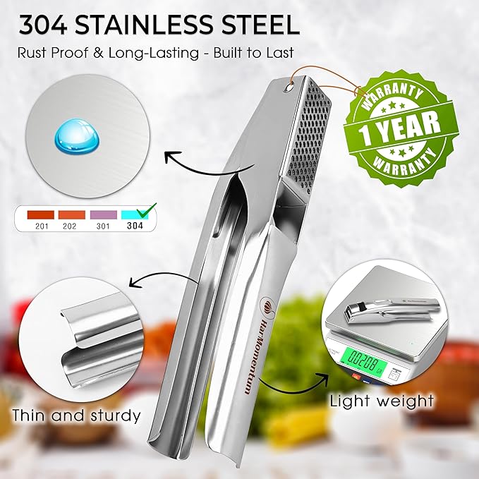Garlic Press Stainless Steel - No Need to Peel Garlic Mincer & Crusher - 304 Inox, 7.34 Oz, Large Trough - Ergonomic Handle, Easy to Clean, Dishwasher Safe (2 Years Warranty) (Orange)