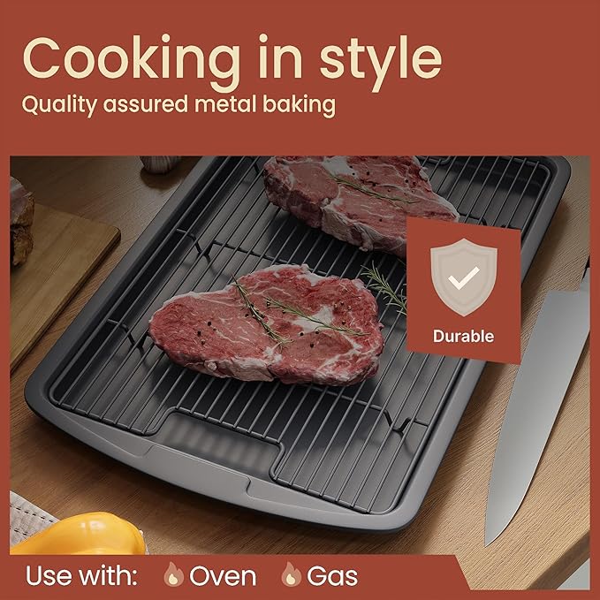 Cookie Sheet with Wire Rack Set, 2-Piece Nonstick Gray Carbon Steel Pan & Cooling Rack, Space-Saving Stackable Set, PFOA, PFOS, PTFE Free, Oven Safe Up to 450°F, 17.4" Pan & 14.7" Rack