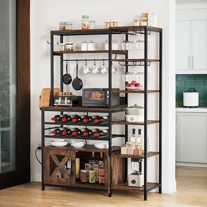 DWVO Baker Rack with Power Outlet, Microwave Stand W/Storage, 6-Tier Industrial Coffee Bar Cabinet W/Hook, Wine Rack & Goblet Holder, Wood & Metal Kitchen Shelf Organizer for Dining Room, Rustic Brown
