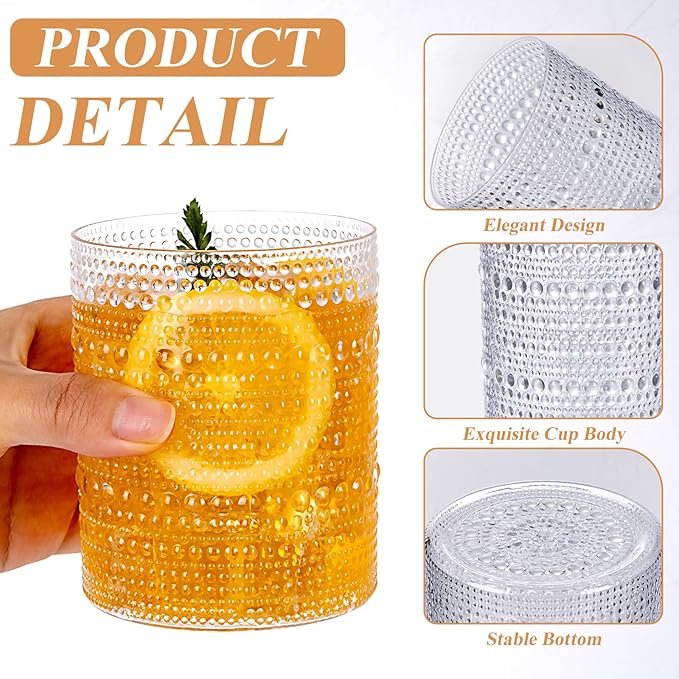 18PCS Plastic Hobnail Drinking Glasses - 14 Oz Clear Vintage Glasses Drinkware - Disposable Beaded Cups for Beer, Whiskey, Juice, Cocktail, Wine, Party