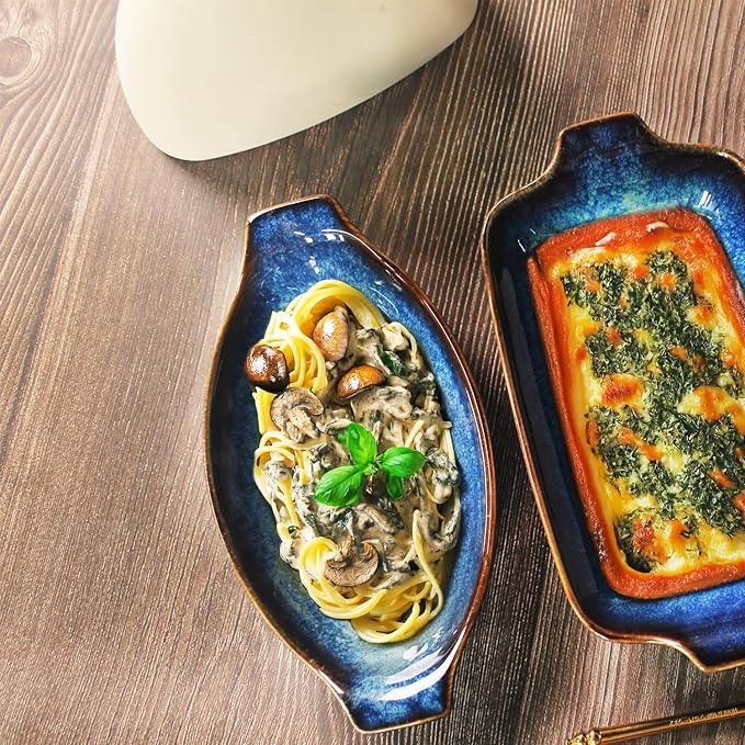 Ceramics Au Gratin baking Dishes Set of 2, Baking Tray Bake ware, 10.5 oz Ramekins, for Pie Pan, Appetizer, Tart, Dessert, Quiche, Oven Small dish, individual dishes Oval 9.3 Inch
