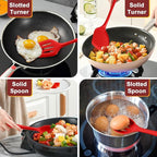 P&P CHEF Kitchen Utensil Set, 4 Pieces Non-stick Silicone Cooking Utensils, Heat-resistant Slotted Solid Spoon Turner for Frying, Mixing, Serving, Non-toxic & Easy to Clean, Red