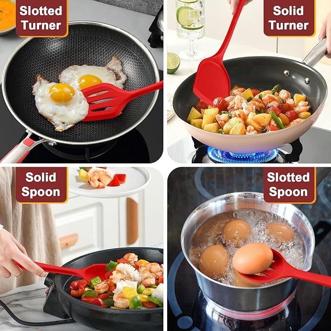P&P CHEF Kitchen Utensil Set, 4 Pieces Non-stick Silicone Cooking Utensils, Heat-resistant Slotted Solid Spoon Turner for Frying, Mixing, Serving, Non-toxic & Easy to Clean, Red