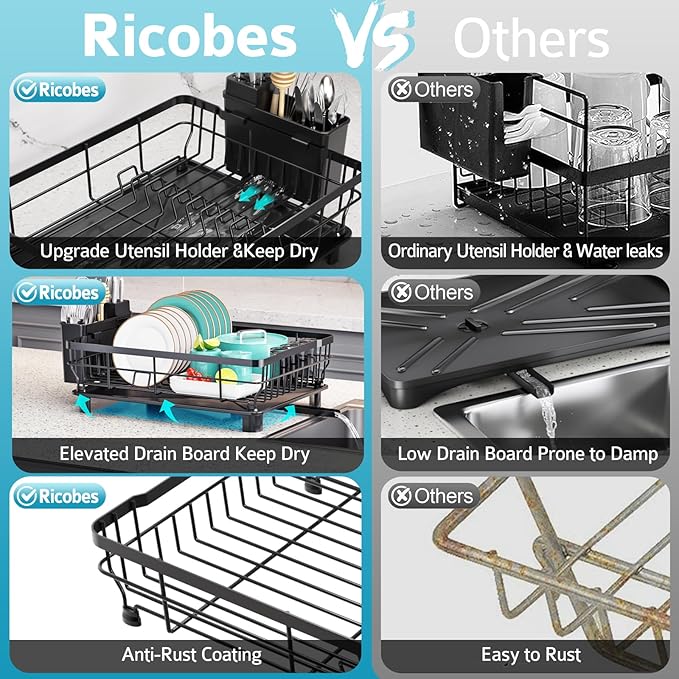 Dish Drying Rack - Space Saving Dish Rack - Dish Racks for Kitchen Counter with Drainboard,Rustproof Dish Drainer with Removable Utensil Holder,Black