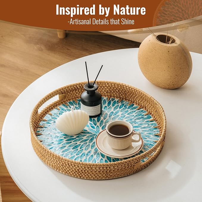 13.8 in Round Rattan Serving Tray with Handle, Mother of Pearl Inlay Wooden Base, Decorative Wicker for Table, Kitchen Island & Home Decor (Blue Leaf)