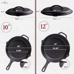 Cast Iron Skillet Set with Lids - 10"+12"-inch Pre-Seasoned Covered Frying Pan Set + Silicone Handle and Lid Holders + Scraper/Cleaner - Use Indoor/Outdoor, Oven, Stovetop, Fire, BBQ Kitchen Cookware