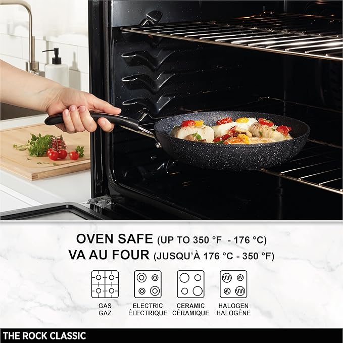 Starfrit The Rock 8PC Non-Stick Cookware set - Durable Forged Aluminum - Oven Safe - PFOA Free - Easy to Clean - Black