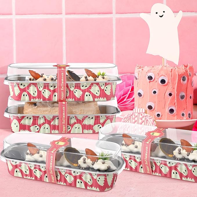 Tioncy 50 Pcs Halloween Mini Pink Loaf Pans with Lids Spoons Sticker Cute Ghost 6.8oz Disposable Rectangle Aluminum Foil Baking Pans Muffin Cupcake Cups for Picnics Birthday Halloween Party Supply