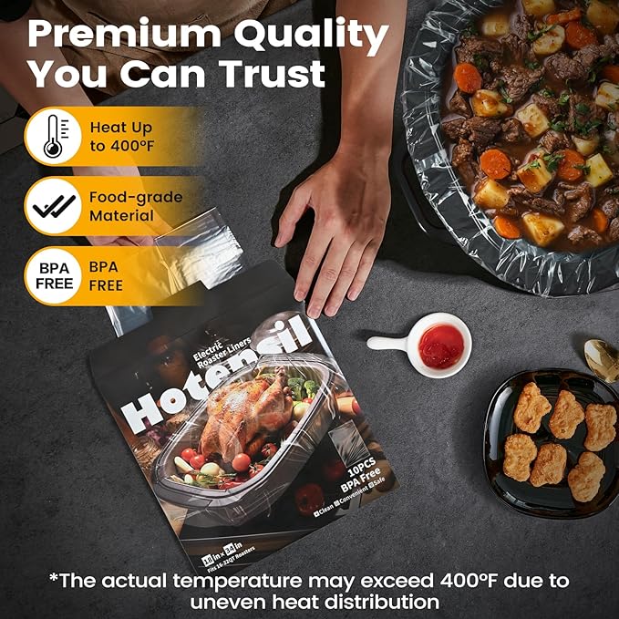 Electric Roaster Liners & Slow Cooker Liners, 4 Count 34 x 18 Inch Universal Fit for 16-22 Quart Roasters, Mess-Free Cooking, Disposable Oven Liners for Easy Cleanup, Cooking Bag
