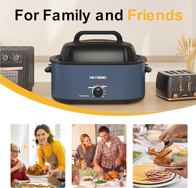 24QT Electric Roaster Oven, Electric Turkey Roaster with Viewing & Self-basting Lid, Stainless Steel Turkey Roaster Oven, Blue